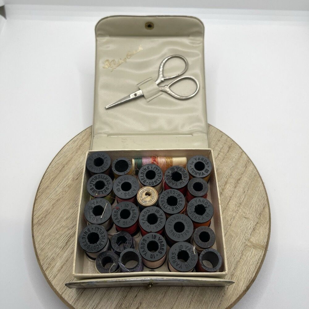 VTG Belding Corticelli Travel Sewing Kit Box Thread Spools & Embroidery Scissors